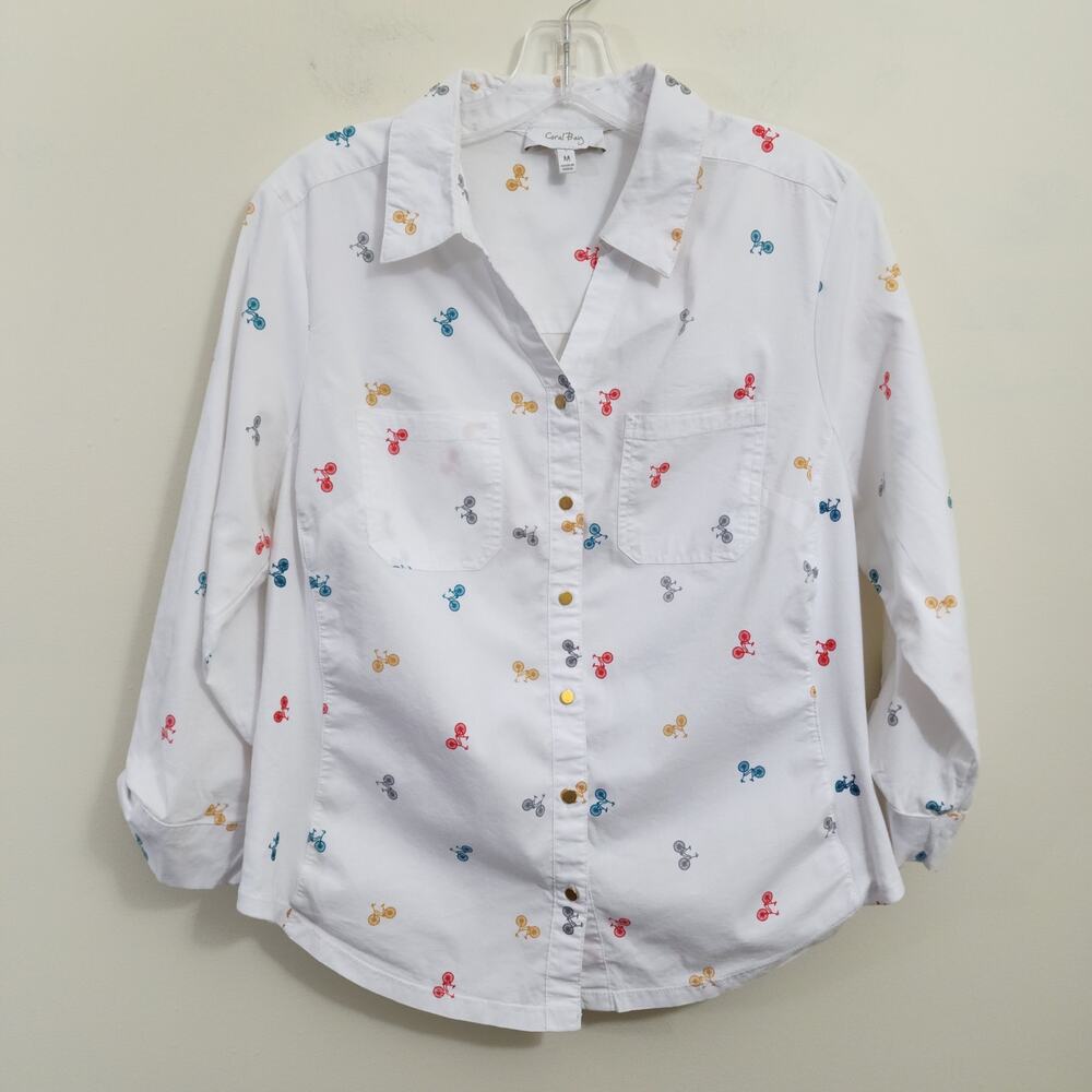 Coral‎ bay colorful bicycle print v-neck button front 3/4 tab sleeve blouse sz M